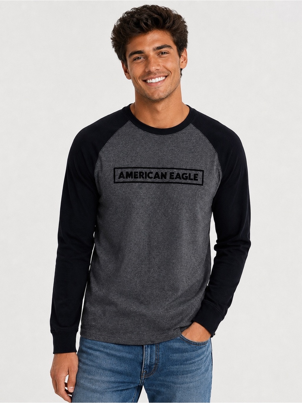 American Eagle Mens Gray and Black Long Sleeve Shirt Size Medium